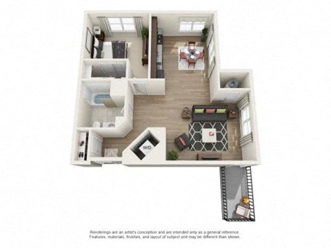 Floor plan for 1 bed, 1 bath, 881 sqft